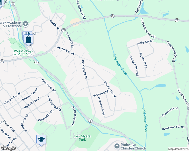 map of restaurants, bars, coffee shops, grocery stores, and more near 398 Knoll Court Southeast in Concord