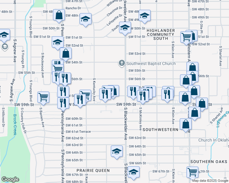 map of restaurants, bars, coffee shops, grocery stores, and more near 1321 Southwest 58th Street in Oklahoma City
