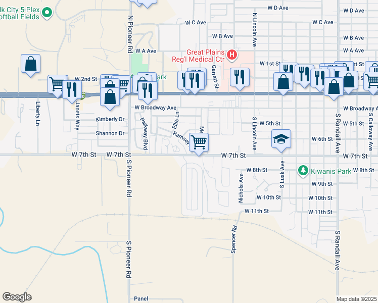 map of restaurants, bars, coffee shops, grocery stores, and more near 125 Ramsey Drive in Elk City