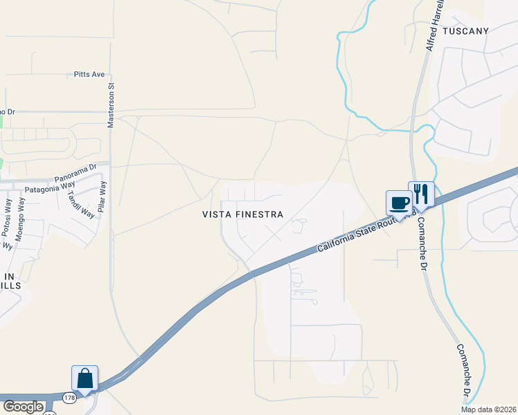 map of restaurants, bars, coffee shops, grocery stores, and more near 12107 Vista Montana Drive in Bakersfield