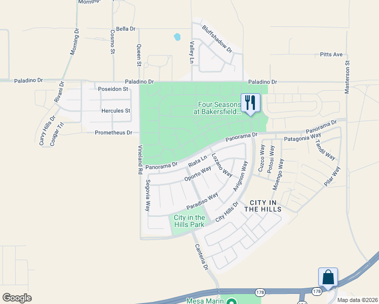 map of restaurants, bars, coffee shops, grocery stores, and more near 10120 Riata Lane in Bakersfield
