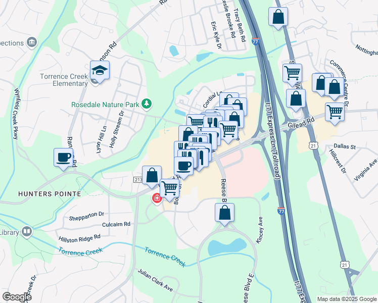 map of restaurants, bars, coffee shops, grocery stores, and more near 14231 Market Square Drive in Huntersville