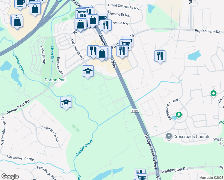 map of restaurants, bars, coffee shops, grocery stores, and more near 5020 Avent Drive Northwest in Concord