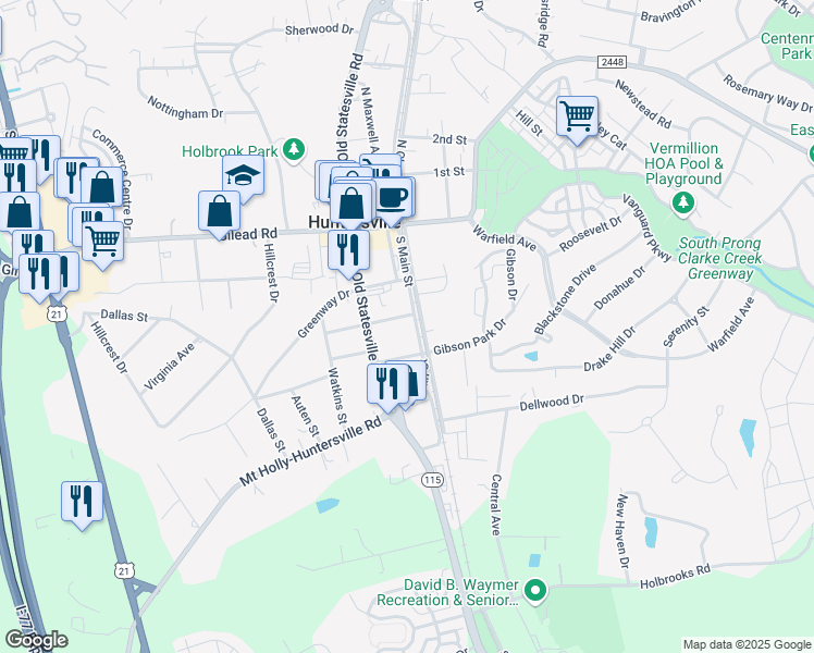 map of restaurants, bars, coffee shops, grocery stores, and more near 300 South Main Street in Huntersville