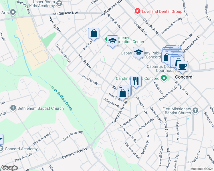 map of restaurants, bars, coffee shops, grocery stores, and more near 238 Franklin Avenue Northwest in Concord