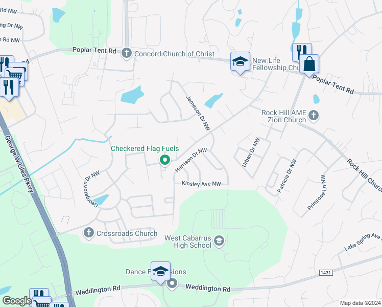 map of restaurants, bars, coffee shops, grocery stores, and more near 619 Harrison Drive Northwest in Concord