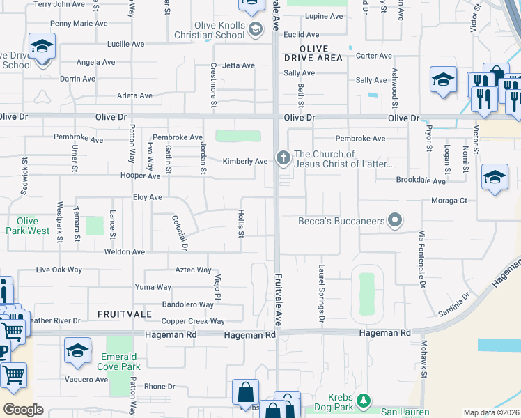 map of restaurants, bars, coffee shops, grocery stores, and more near 5312 Deville Court in Bakersfield
