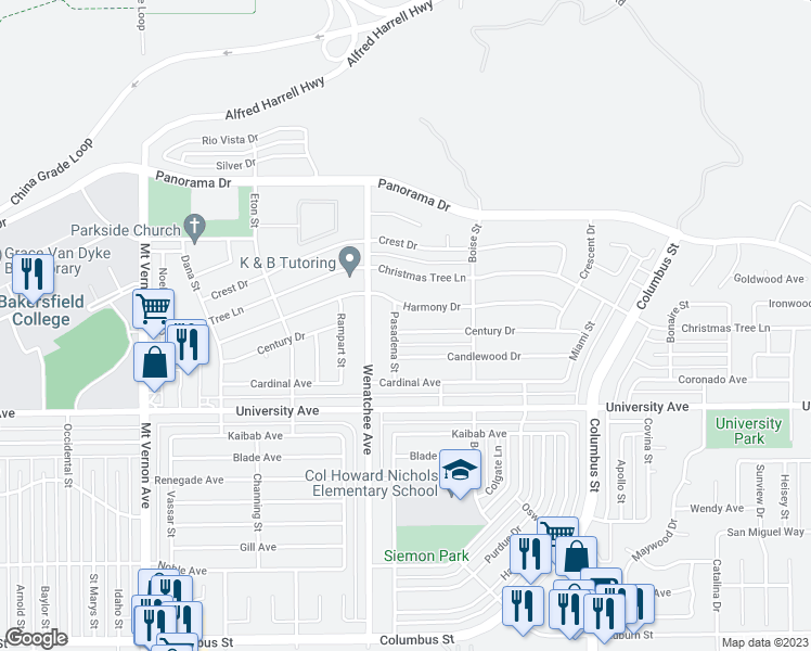 map of restaurants, bars, coffee shops, grocery stores, and more near 3206 Century Drive in Bakersfield
