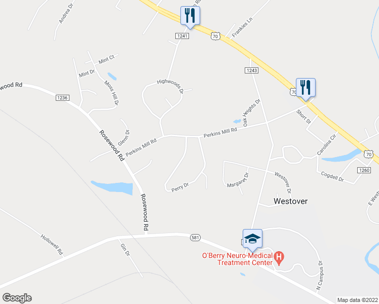 map of restaurants, bars, coffee shops, grocery stores, and more near 104 Perry Drive in Goldsboro