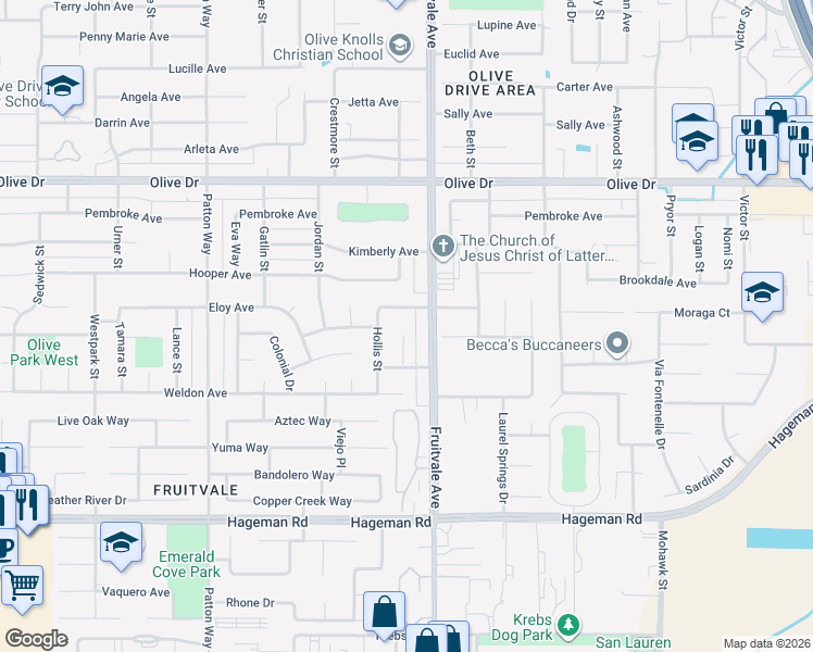 map of restaurants, bars, coffee shops, grocery stores, and more near 5312 Deville Court in Bakersfield
