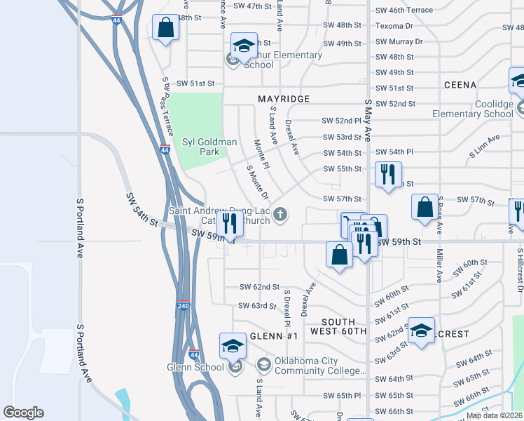 map of restaurants, bars, coffee shops, grocery stores, and more near 5532 South Independence Avenue in Oklahoma City