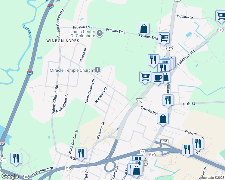 map of restaurants, bars, coffee shops, grocery stores, and more near 1807 N George St in Goldsboro
