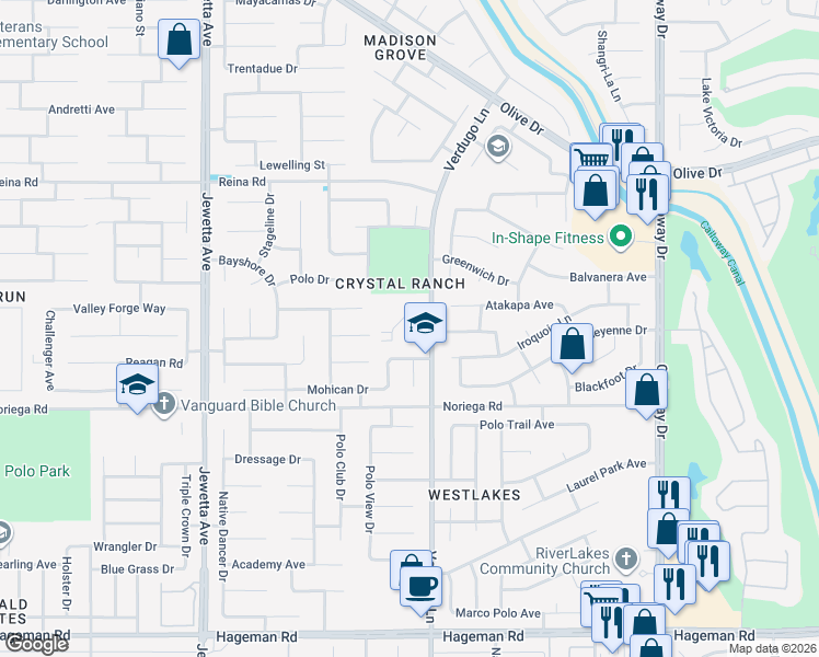 map of restaurants, bars, coffee shops, grocery stores, and more near 10510 Chippewa Street in Bakersfield