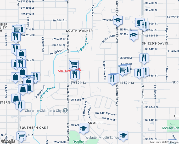 map of restaurants, bars, coffee shops, grocery stores, and more near 5804 South Harvey Avenue in Oklahoma City