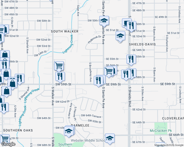 map of restaurants, bars, coffee shops, grocery stores, and more near 5824 South Broadway Avenue in Oklahoma City