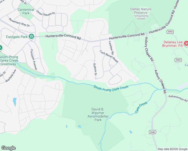 map of restaurants, bars, coffee shops, grocery stores, and more near 15309 Guthrie Drive in Huntersville
