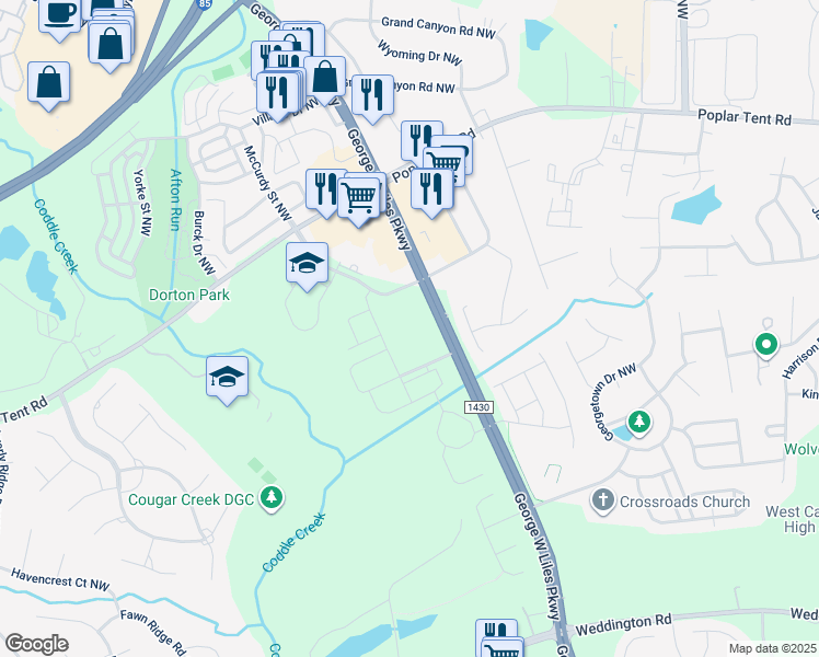 map of restaurants, bars, coffee shops, grocery stores, and more near 311 George W Liles Parkway in Concord
