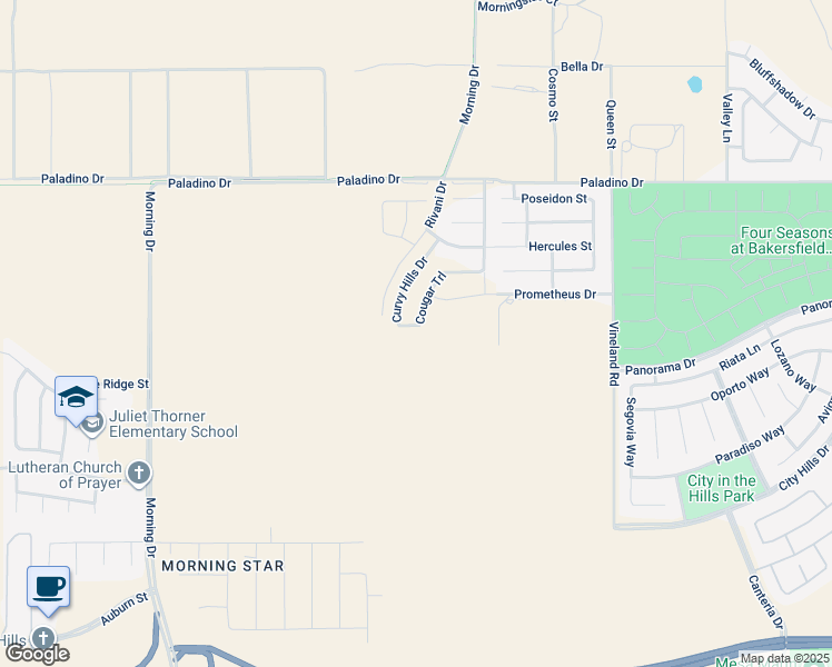 map of restaurants, bars, coffee shops, grocery stores, and more near 6110-6114 Curvy Hills Drive in Bakersfield