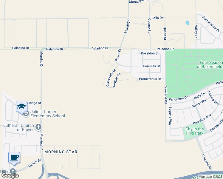 map of restaurants, bars, coffee shops, grocery stores, and more near 6110-6114 Curvy Hills Drive in Bakersfield