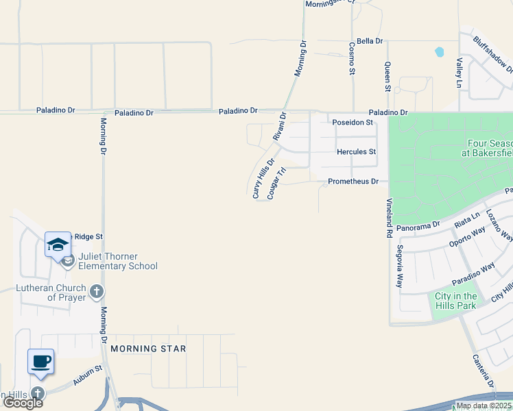 map of restaurants, bars, coffee shops, grocery stores, and more near 6110-6114 Curvy Hills Drive in Bakersfield