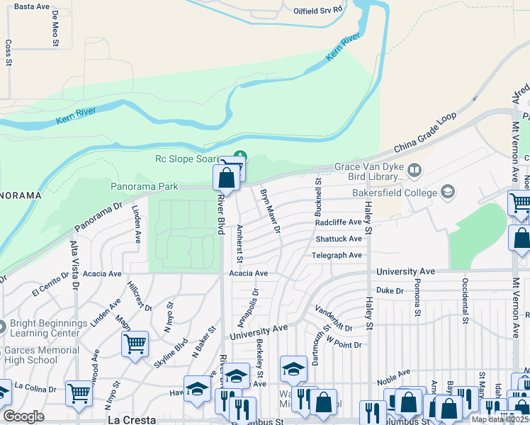 map of restaurants, bars, coffee shops, grocery stores, and more near 944 Princeton Avenue in Bakersfield