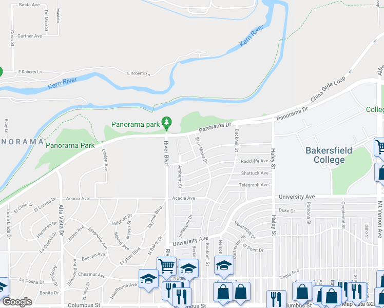 map of restaurants, bars, coffee shops, grocery stores, and more near 944 Princeton Avenue in Bakersfield
