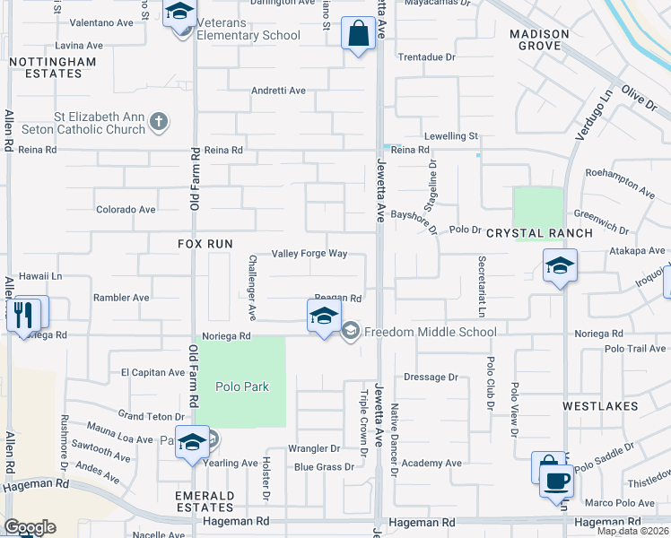 map of restaurants, bars, coffee shops, grocery stores, and more near 11425 Revolution Road in Bakersfield