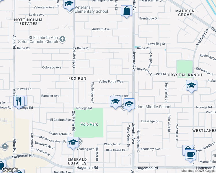 map of restaurants, bars, coffee shops, grocery stores, and more near 11605 Revolution Road in Bakersfield