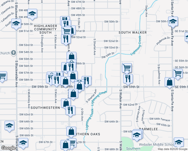 map of restaurants, bars, coffee shops, grocery stores, and more near 5901 South Lee Avenue in Oklahoma City