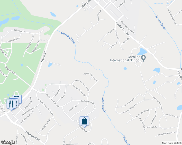 map of restaurants, bars, coffee shops, grocery stores, and more near 408 Sweet Shrub Court Northwest in Concord