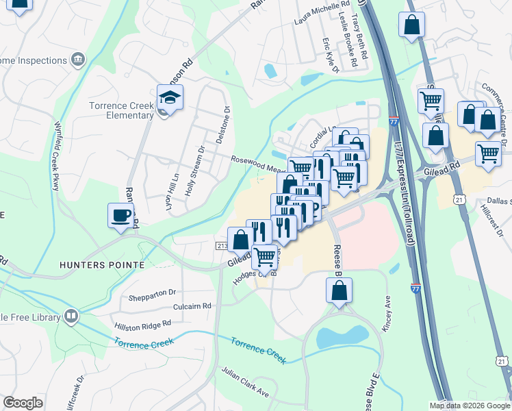 map of restaurants, bars, coffee shops, grocery stores, and more near 9711 Rose Commons Dr in Huntersville