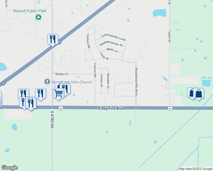 map of restaurants, bars, coffee shops, grocery stores, and more near 146 Roberts Loop North in Roland