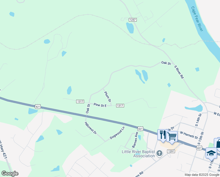 map of restaurants, bars, coffee shops, grocery stores, and more near 322 Oak Street in Lillington