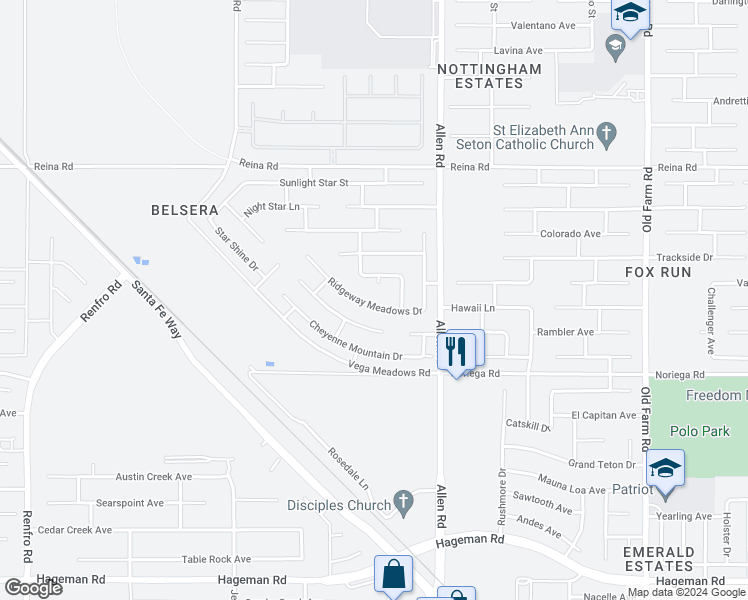 map of restaurants, bars, coffee shops, grocery stores, and more near 13126 Ridgeway Meadows Drive in Bakersfield