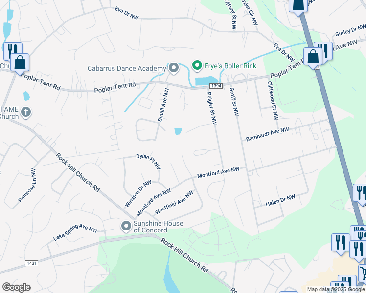 map of restaurants, bars, coffee shops, grocery stores, and more near Montford Avenue Northwest in Concord