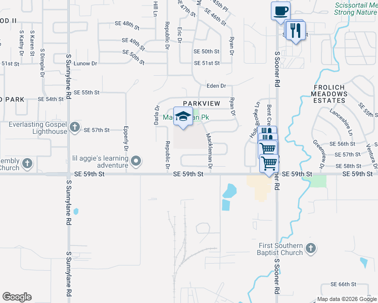 map of restaurants, bars, coffee shops, grocery stores, and more near 4928 Southeast 58th Street in Oklahoma City