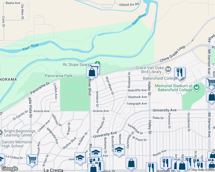 map of restaurants, bars, coffee shops, grocery stores, and more near 1006 Princeton Avenue in Bakersfield