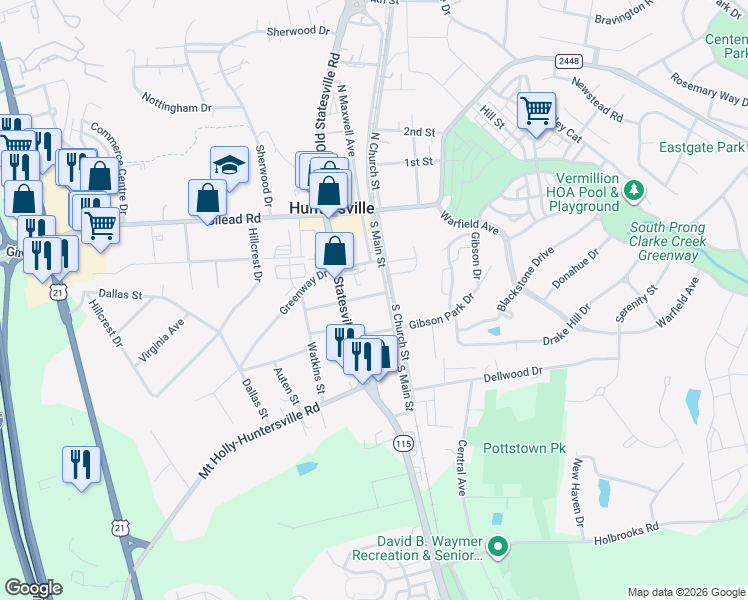 map of restaurants, bars, coffee shops, grocery stores, and more near 251 Mullen Street in Huntersville