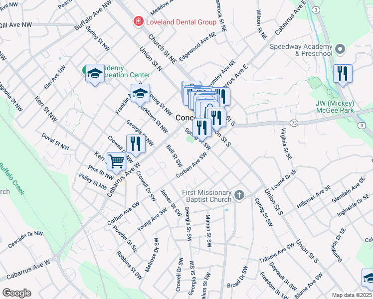 map of restaurants, bars, coffee shops, grocery stores, and more near 51 Bell Street Southwest in Concord