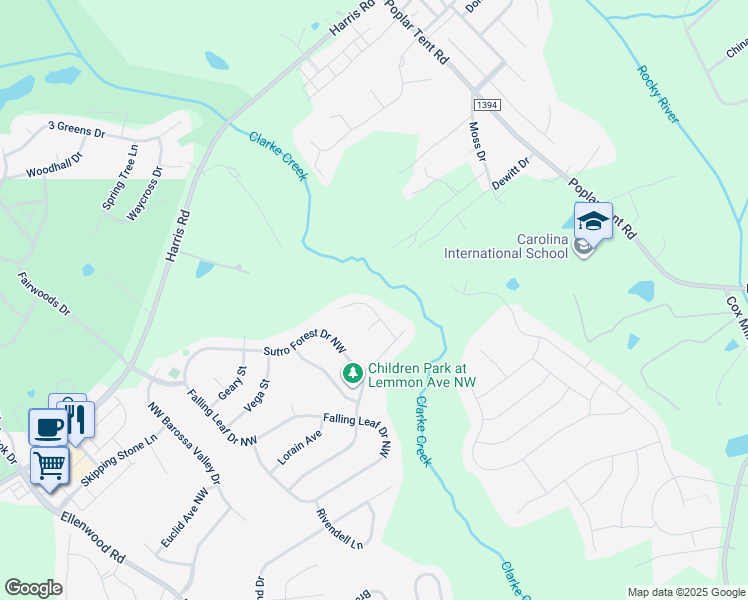 map of restaurants, bars, coffee shops, grocery stores, and more near 408 Sweet Shrub Court Northwest in Concord