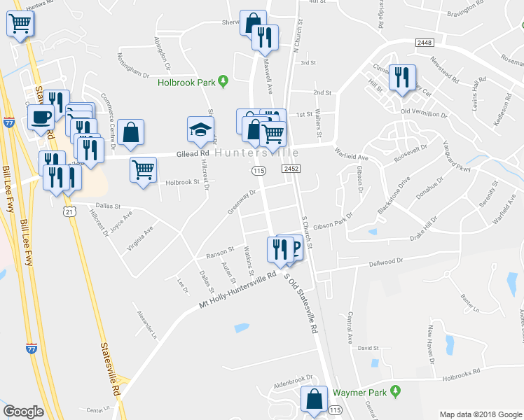 map of restaurants, bars, coffee shops, grocery stores, and more near 204 South Old Statesville Road in Huntersville