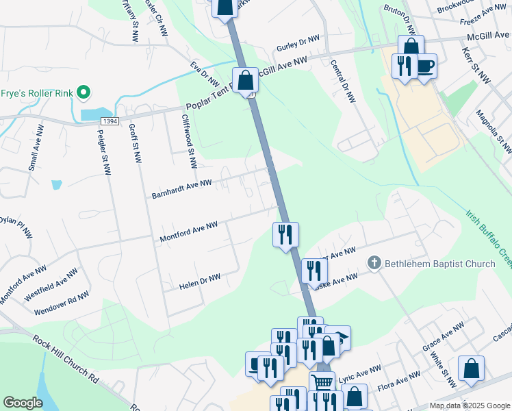 map of restaurants, bars, coffee shops, grocery stores, and more near 2152 Montford Avenue Northwest in Concord