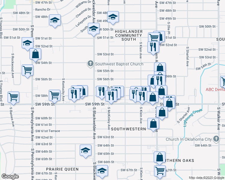 map of restaurants, bars, coffee shops, grocery stores, and more near 1125 Southwest 58th Street in Oklahoma City