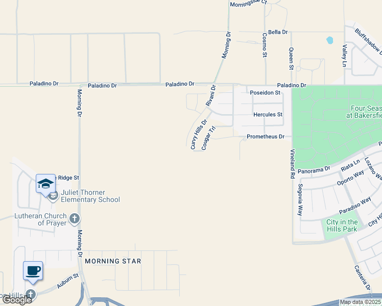 map of restaurants, bars, coffee shops, grocery stores, and more near 6110-6114 Curvy Hills Drive in Bakersfield