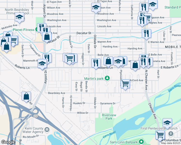 map of restaurants, bars, coffee shops, grocery stores, and more near 208 Colin B Kelly Drive in Bakersfield