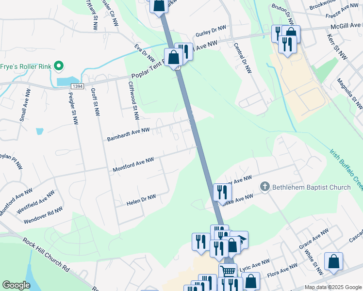 map of restaurants, bars, coffee shops, grocery stores, and more near 2152 Montford Avenue Northwest in Concord