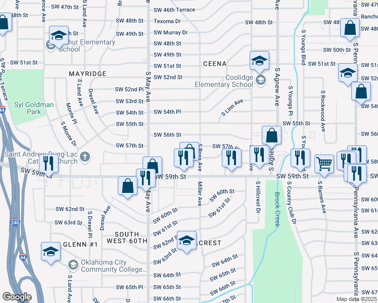 map of restaurants, bars, coffee shops, grocery stores, and more near 2647 Southwest 57th Place in Oklahoma City