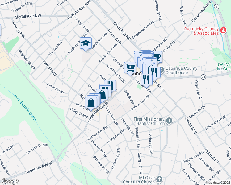 map of restaurants, bars, coffee shops, grocery stores, and more near 144 Cabarrus Avenue West in Concord