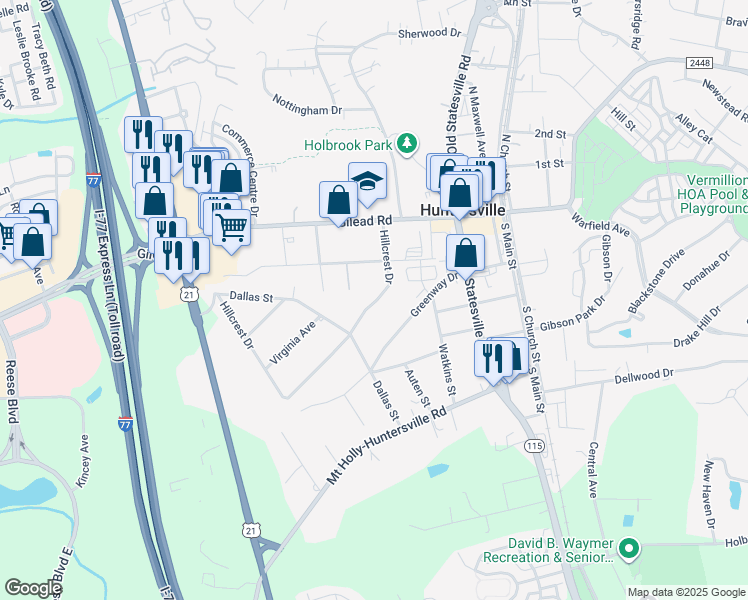 map of restaurants, bars, coffee shops, grocery stores, and more near 210 Hillcrest Drive in Huntersville