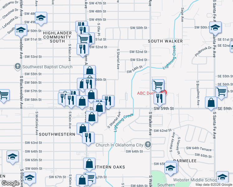 map of restaurants, bars, coffee shops, grocery stores, and more near 5808 South Shartel Avenue in Oklahoma City
